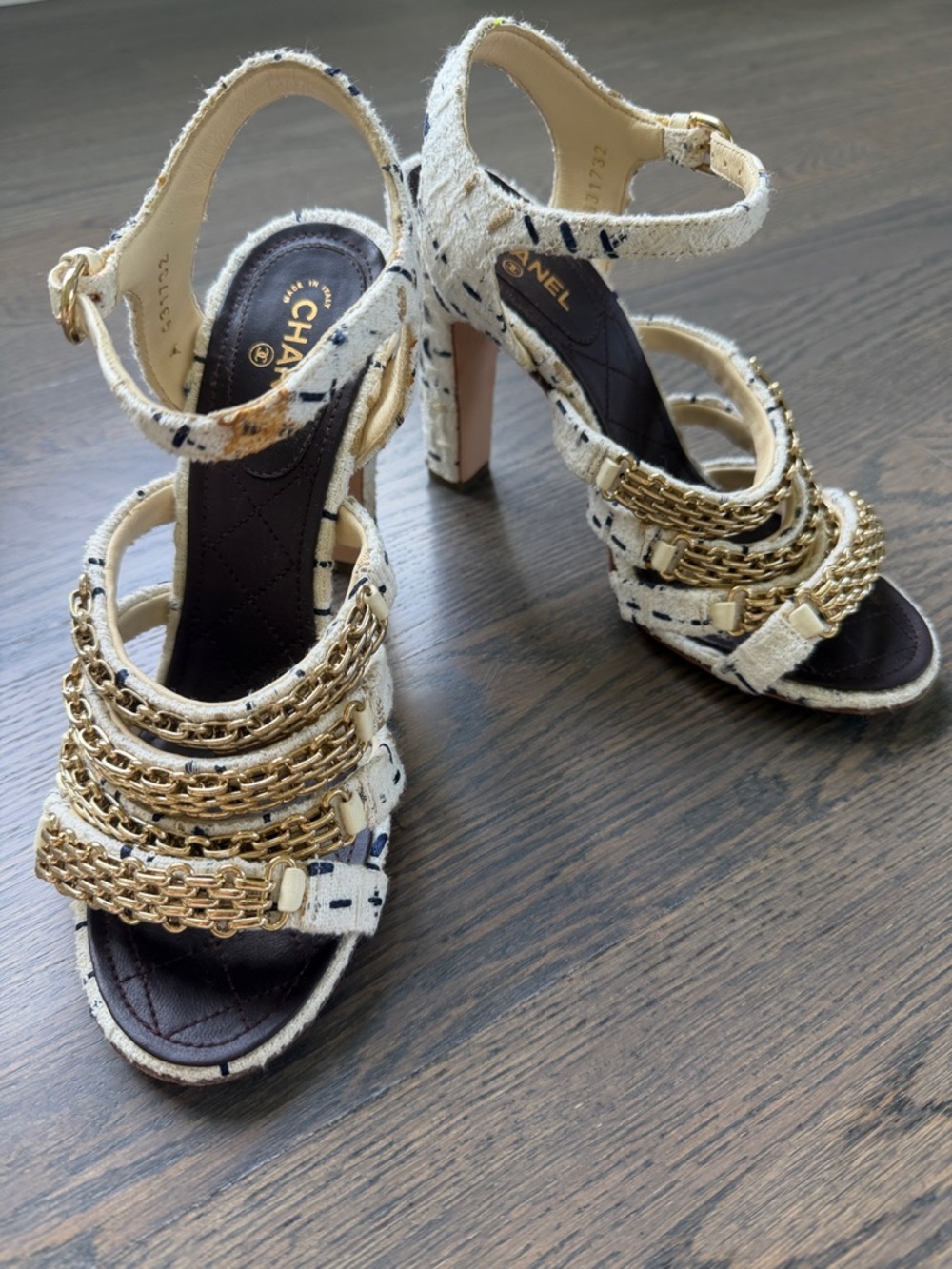 CHANEL White Tweed & Gold Chain Strap High Heel Sandals